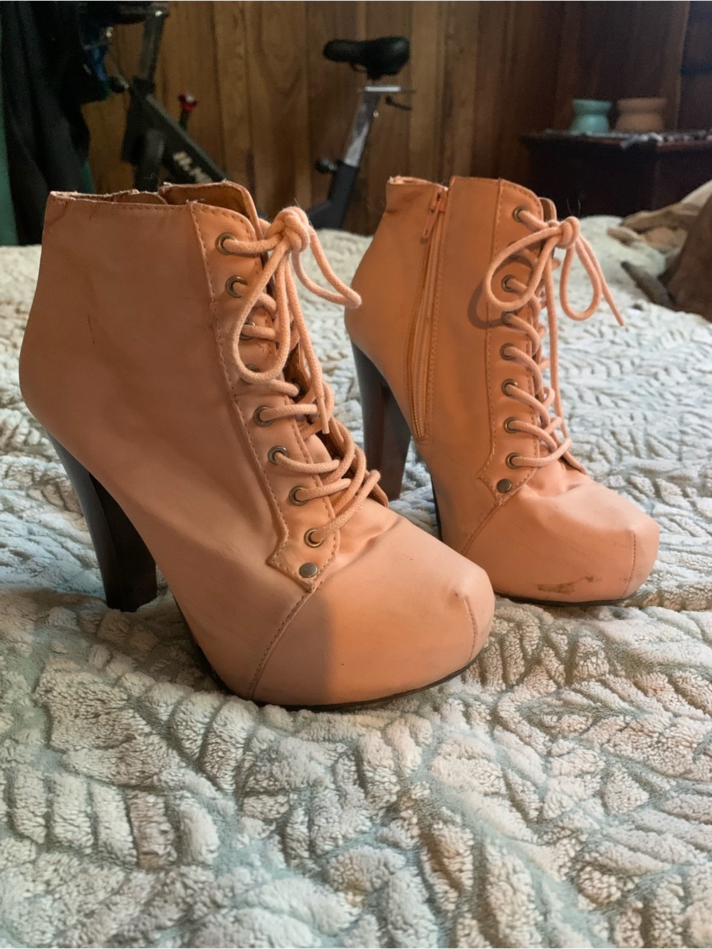 Qupid Peach/soft Pink Lace-Up Platform Ankle Boots